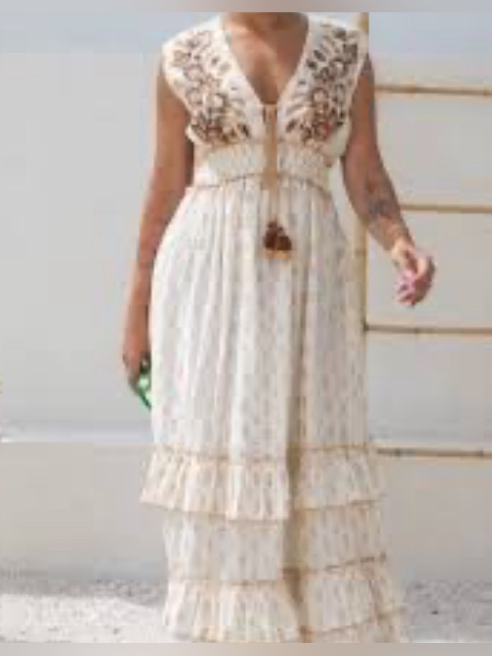 NWT- Ananta Boho Maxi Dress Tiered Cream Gold Sequins Smocked Waist Size L/XL